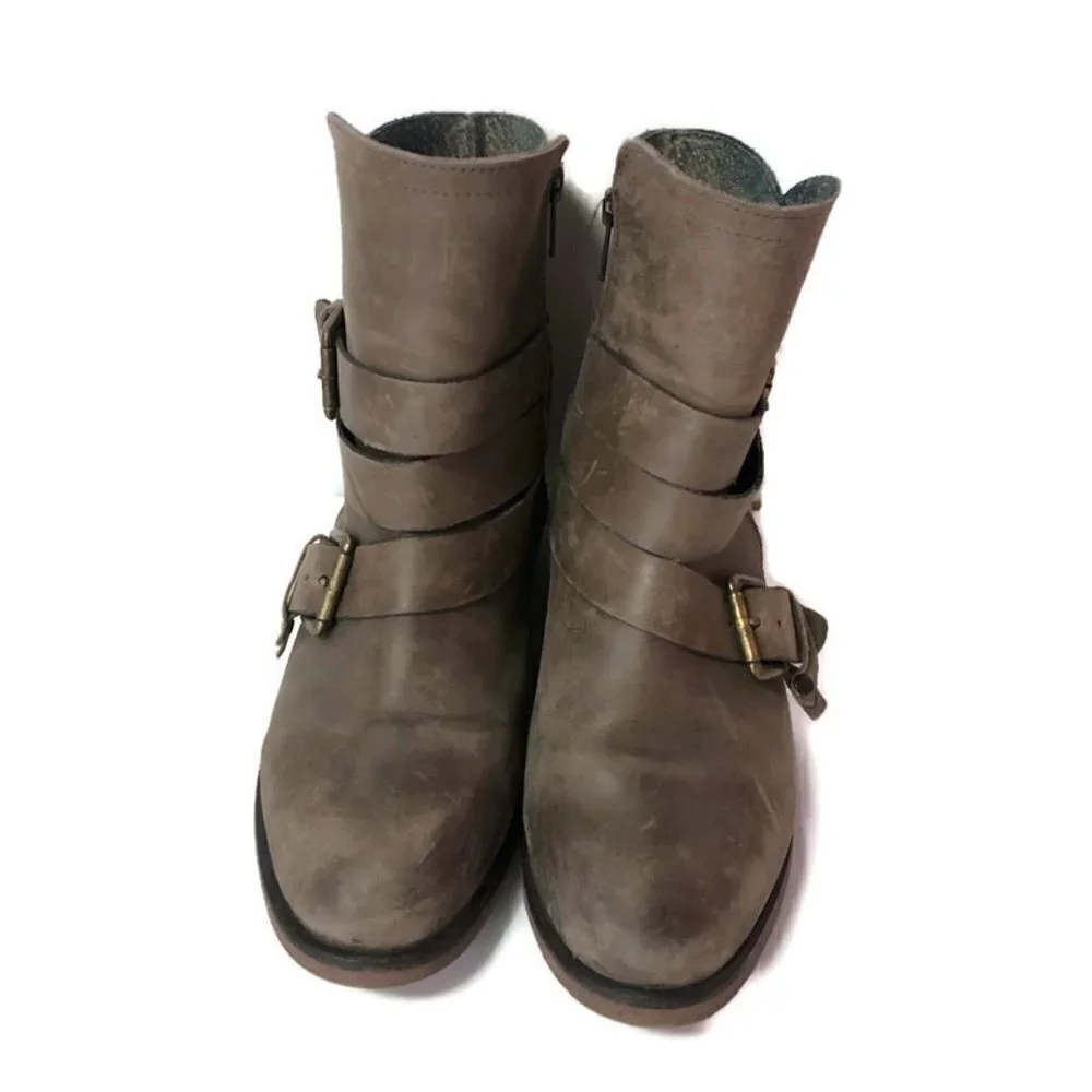 T&B Light Brown Distressed Leather Ankle Boots